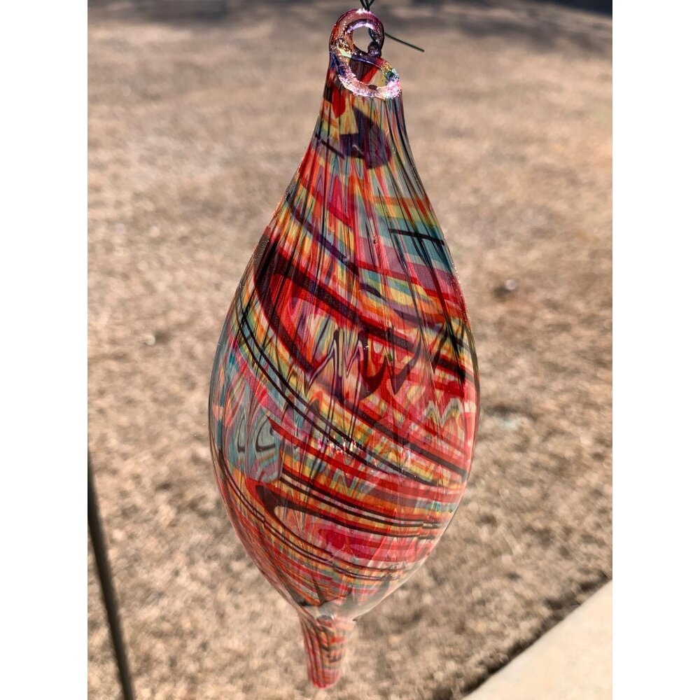 Handblown Glass Teardrop Ornament With Vibrant Multicolor Swirl Design